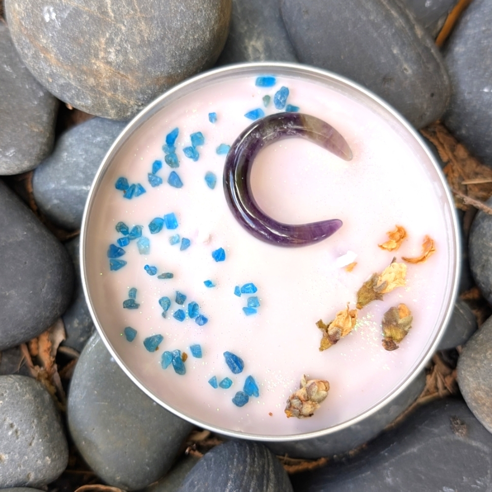 Amethyst Crescent And Neon Apatite Gemstone Intention Candle